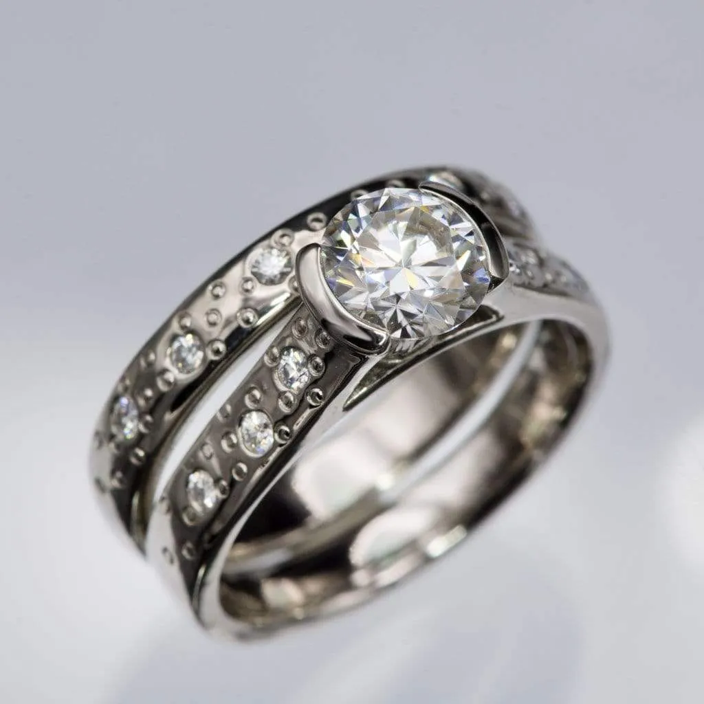 Bridal Set Round Moissanite Half Bezel Star Dust Engagement Ring and Wedding Band