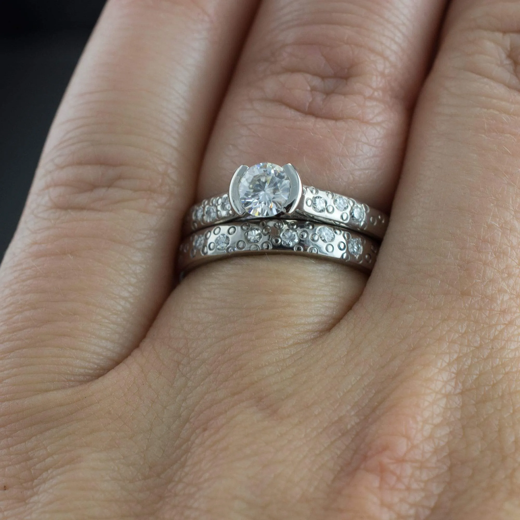 Bridal Set Round Moissanite Half Bezel Star Dust Engagement Ring and Wedding Band