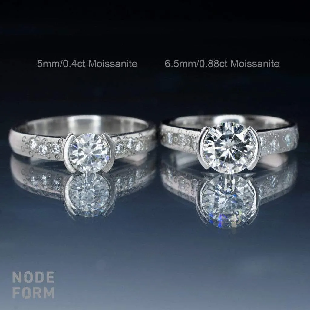 Bridal Set Round Moissanite Half Bezel Star Dust Engagement Ring and Wedding Band
