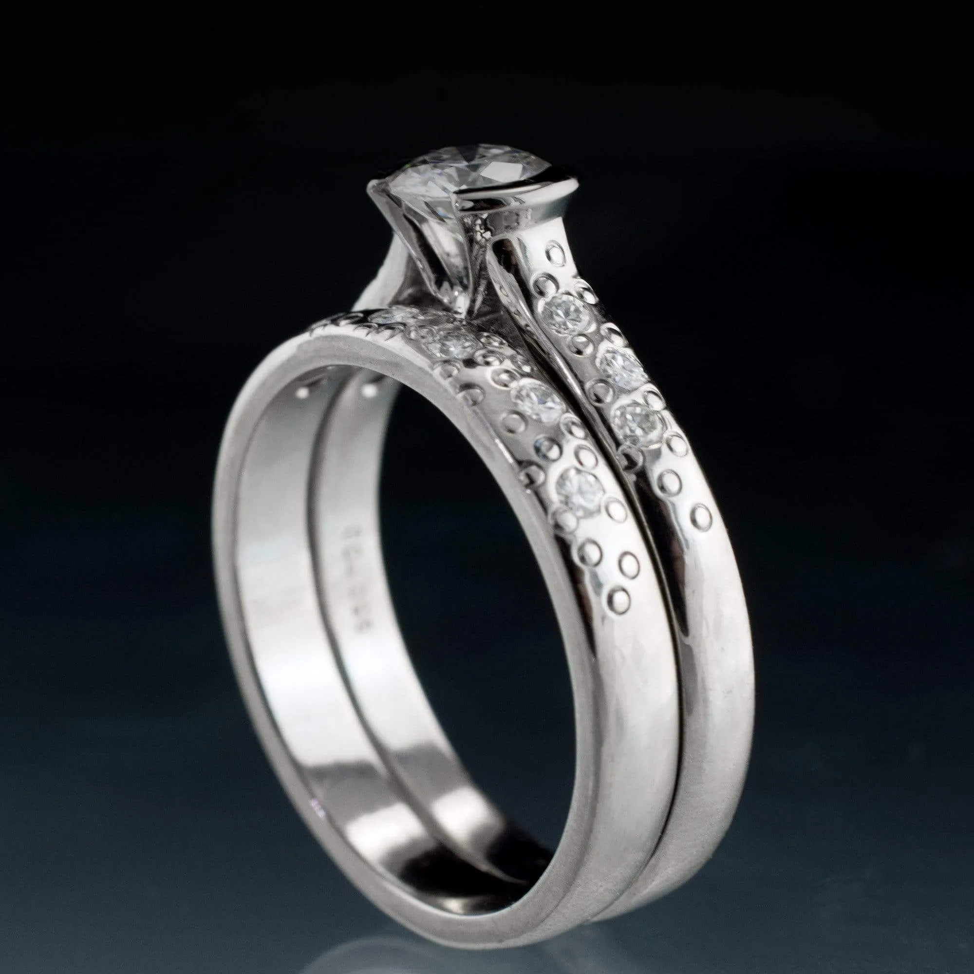 Bridal Set Round Moissanite Half Bezel Star Dust Engagement Ring and Wedding Band