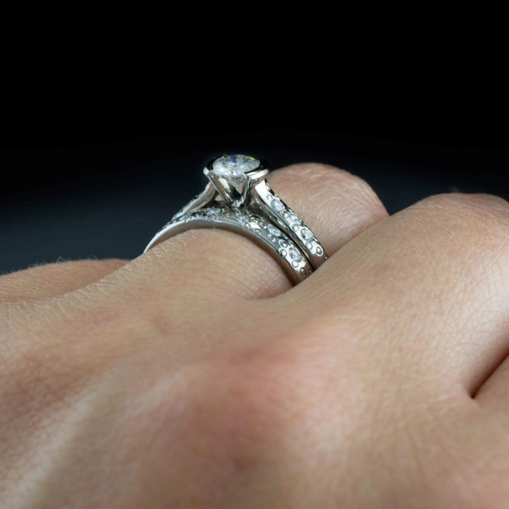 Bridal Set Round Moissanite Half Bezel Star Dust Engagement Ring and Wedding Band