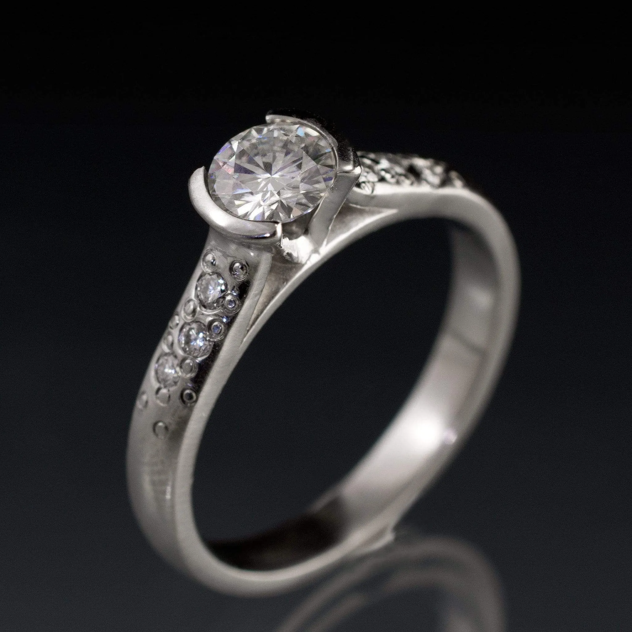 Bridal Set Round Moissanite Half Bezel Star Dust Engagement Ring and Wedding Band