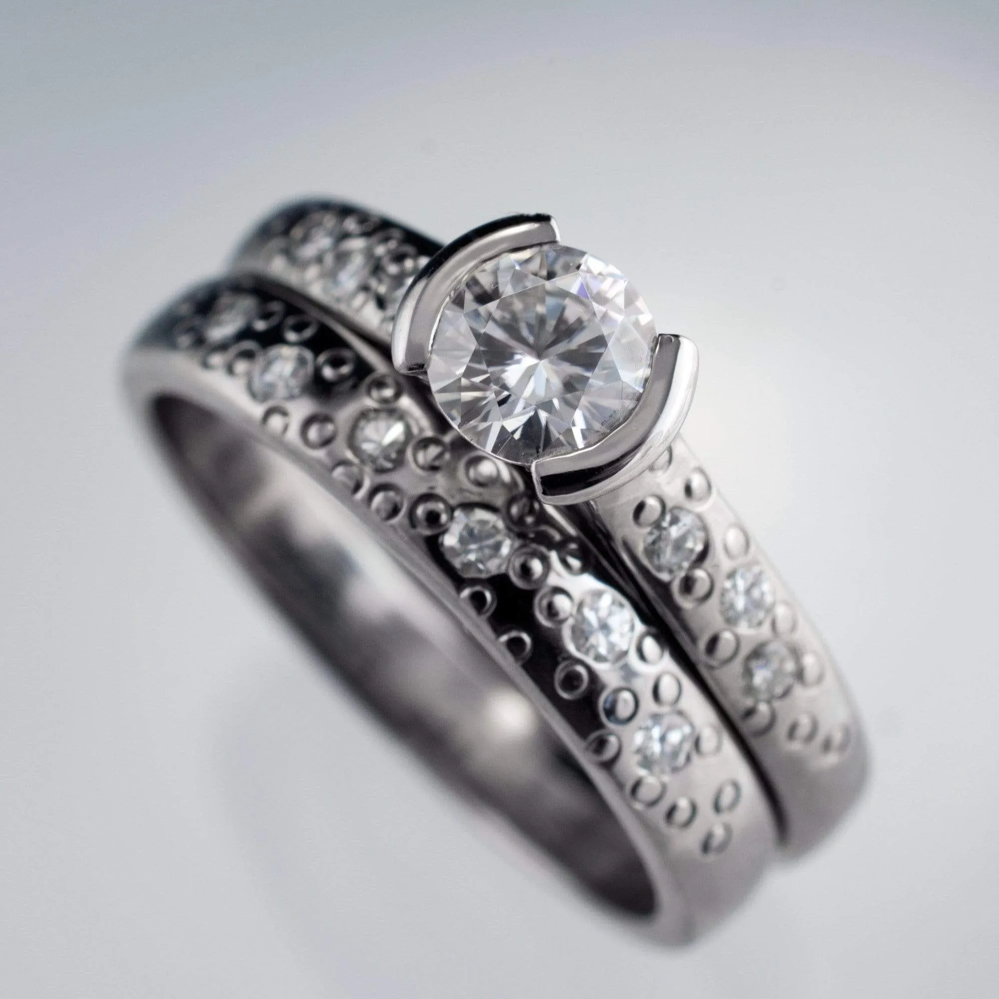Bridal Set Round Moissanite Half Bezel Star Dust Engagement Ring and Wedding Band