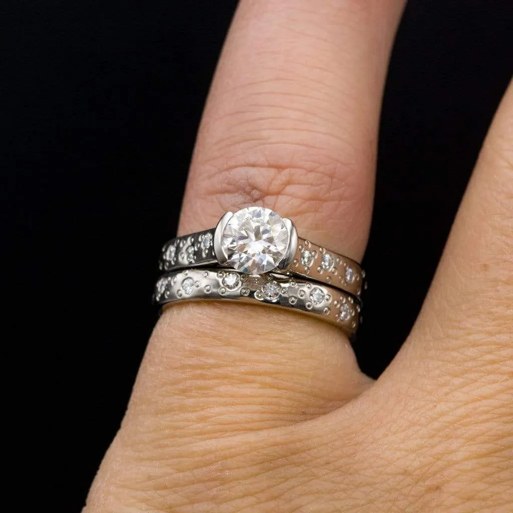 Bridal Set Round Moissanite Half Bezel Star Dust Engagement Ring and Wedding Band