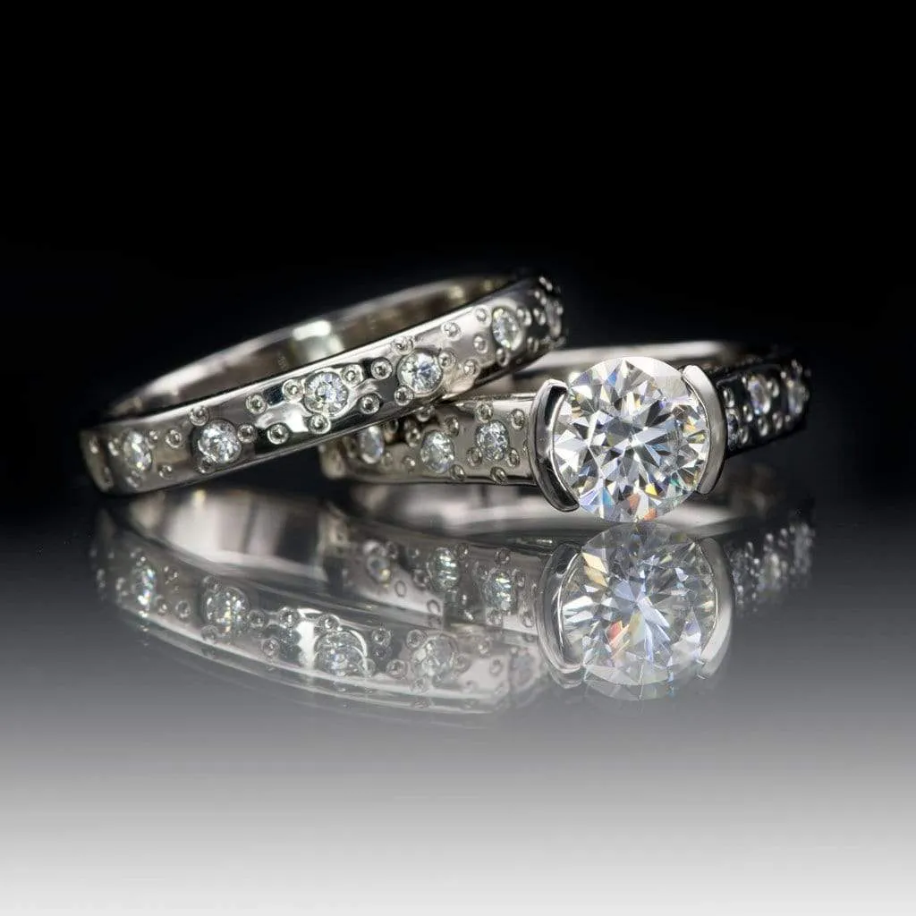Bridal Set Round Moissanite Half Bezel Star Dust Engagement Ring and Wedding Band