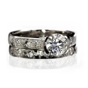 Bridal Set Round Moissanite Half Bezel Star Dust Engagement Ring and Wedding Band