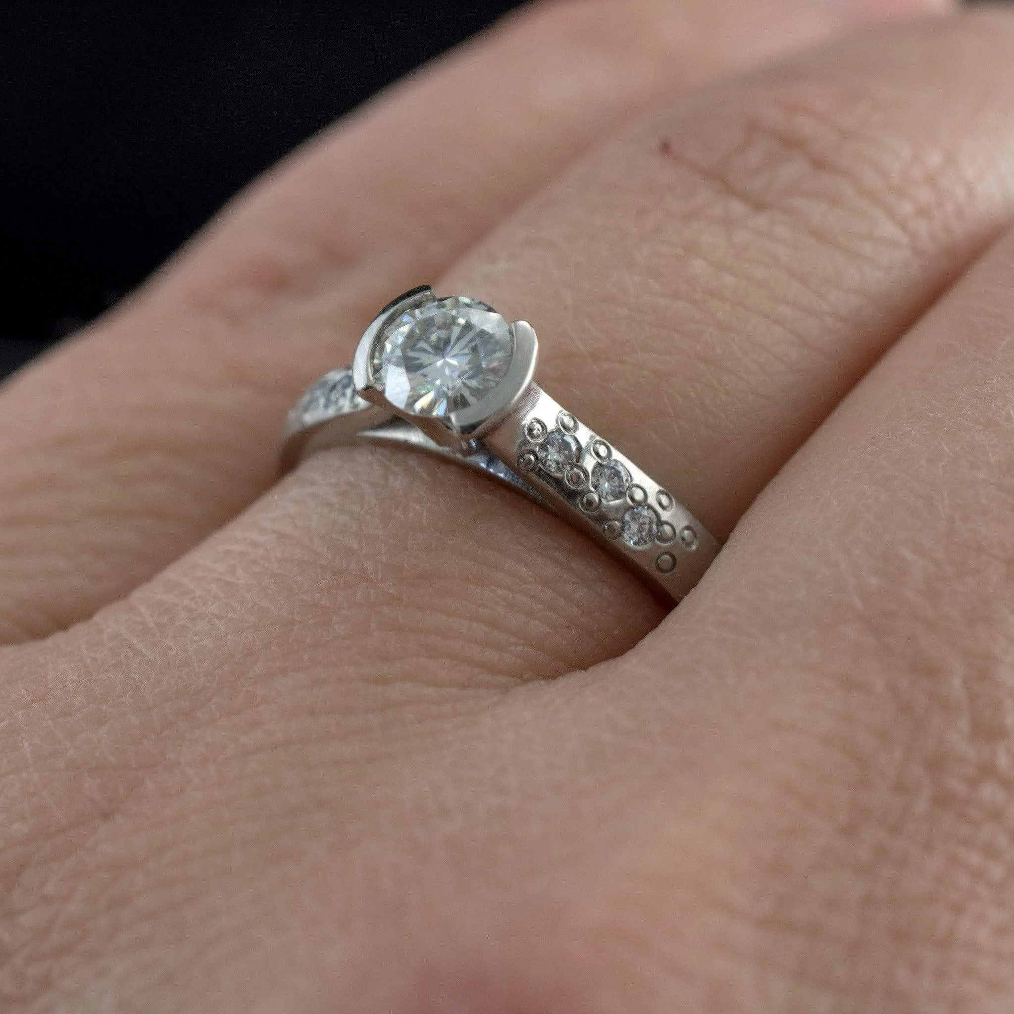Bridal Set Round Moissanite Half Bezel Star Dust Engagement Ring and Wedding Band