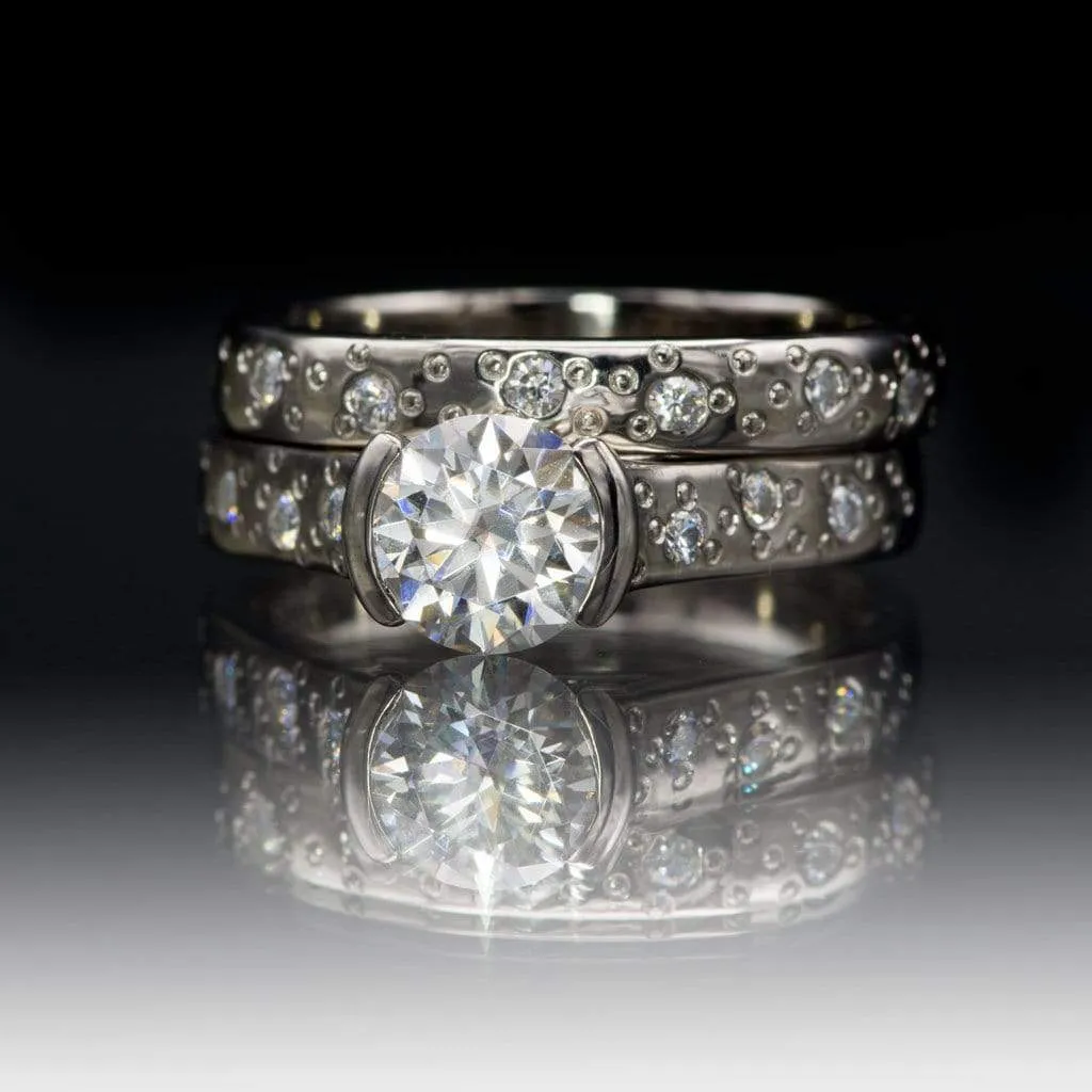 Bridal Set Round Moissanite Half Bezel Star Dust Engagement Ring and Wedding Band