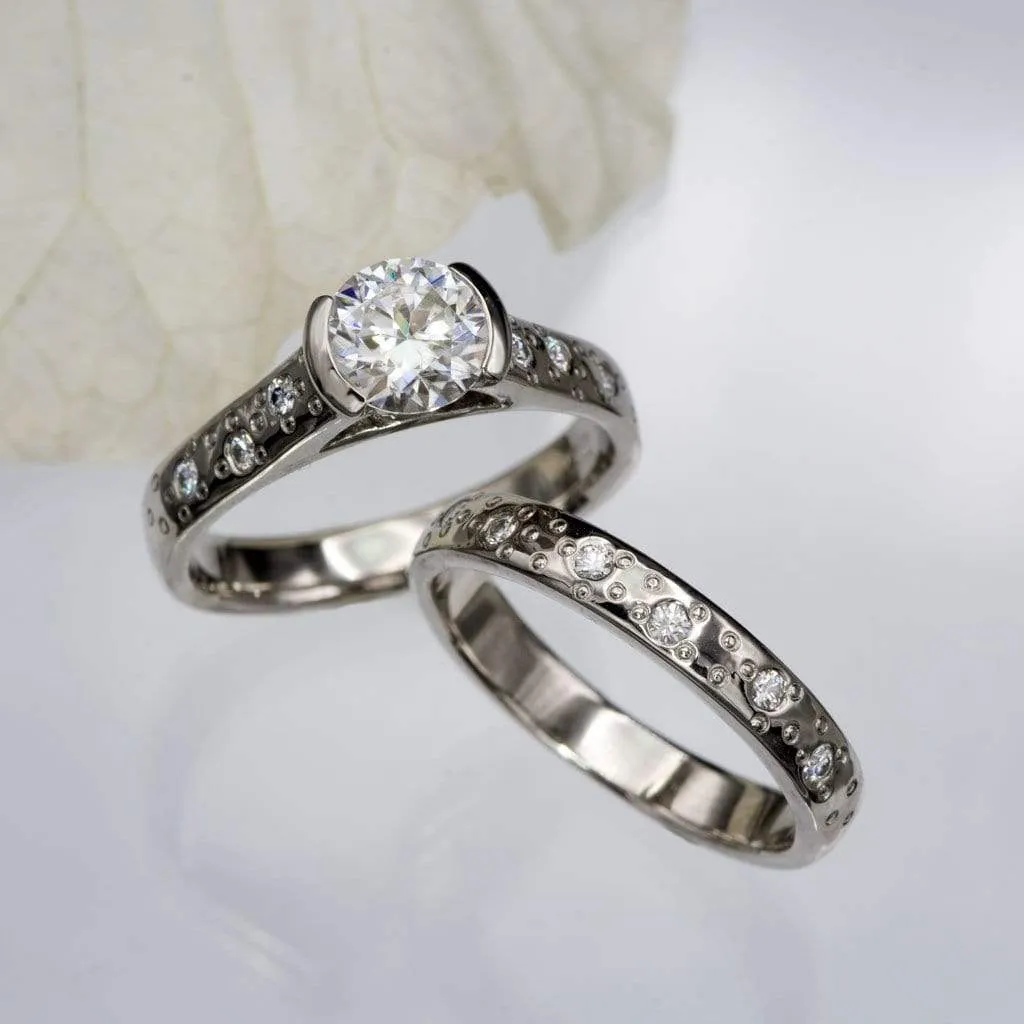 Bridal Set Round Moissanite Half Bezel Star Dust Engagement Ring and Wedding Band