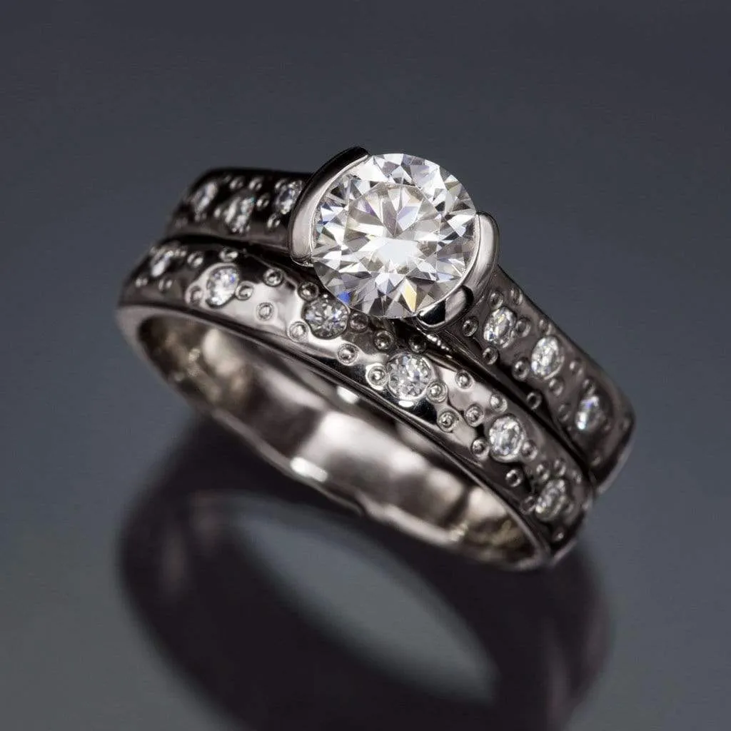 Bridal Set Round Moissanite Half Bezel Star Dust Engagement Ring and Wedding Band