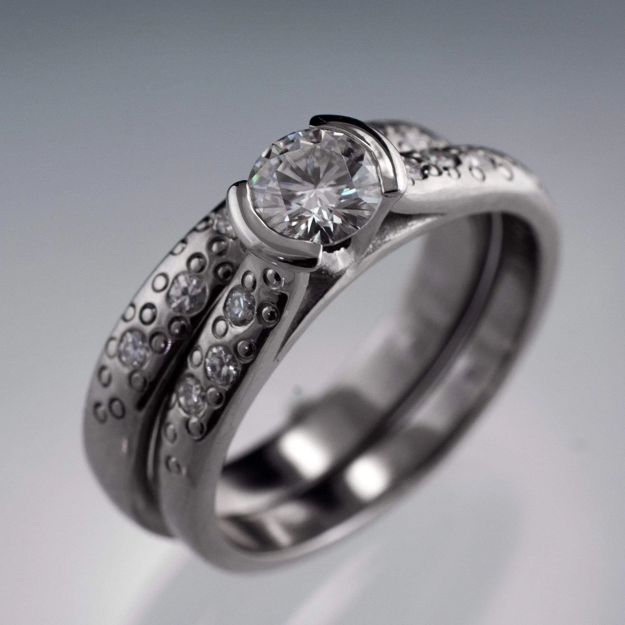 Bridal Set Round Moissanite Half Bezel Star Dust Engagement Ring and Wedding Band