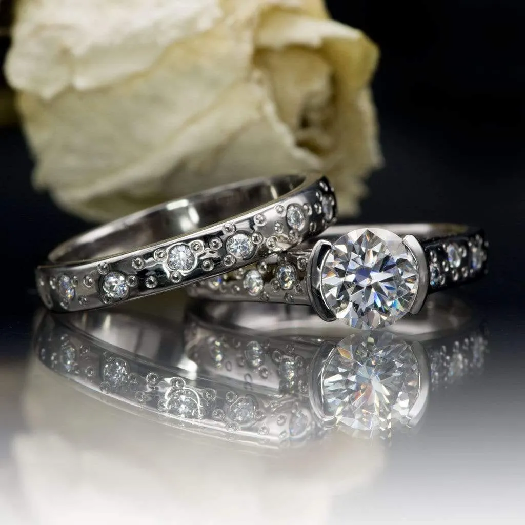 Bridal Set Round Moissanite Half Bezel Star Dust Engagement Ring and Wedding Band