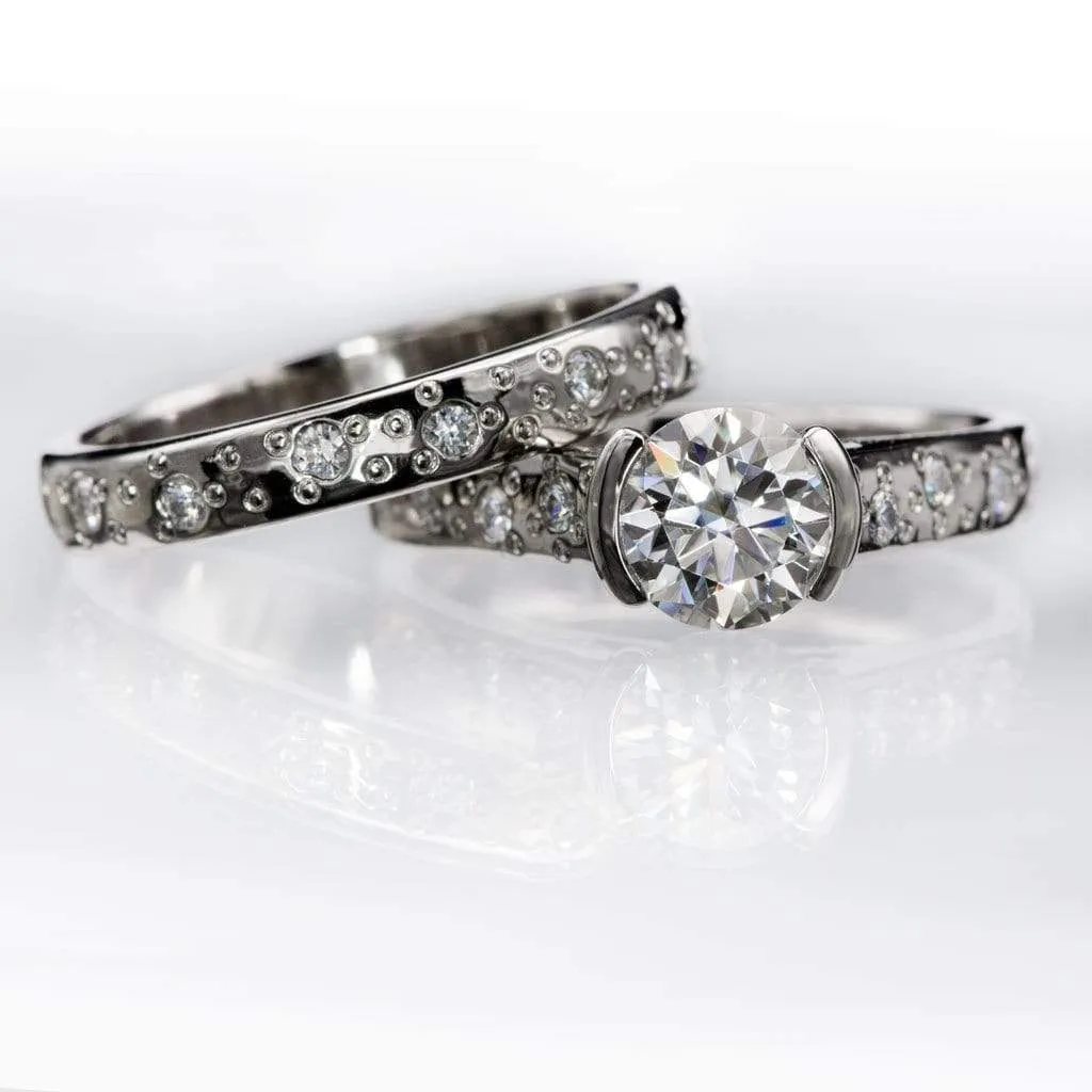 Bridal Set Round Moissanite Half Bezel Star Dust Engagement Ring and Wedding Band