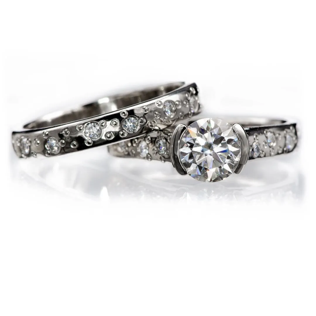 Bridal Set Round Moissanite Half Bezel Star Dust Engagement Ring and Wedding Band