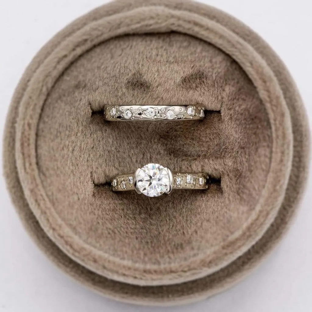 Bridal Set Round Moissanite Half Bezel Star Dust Engagement Ring and Wedding Band
