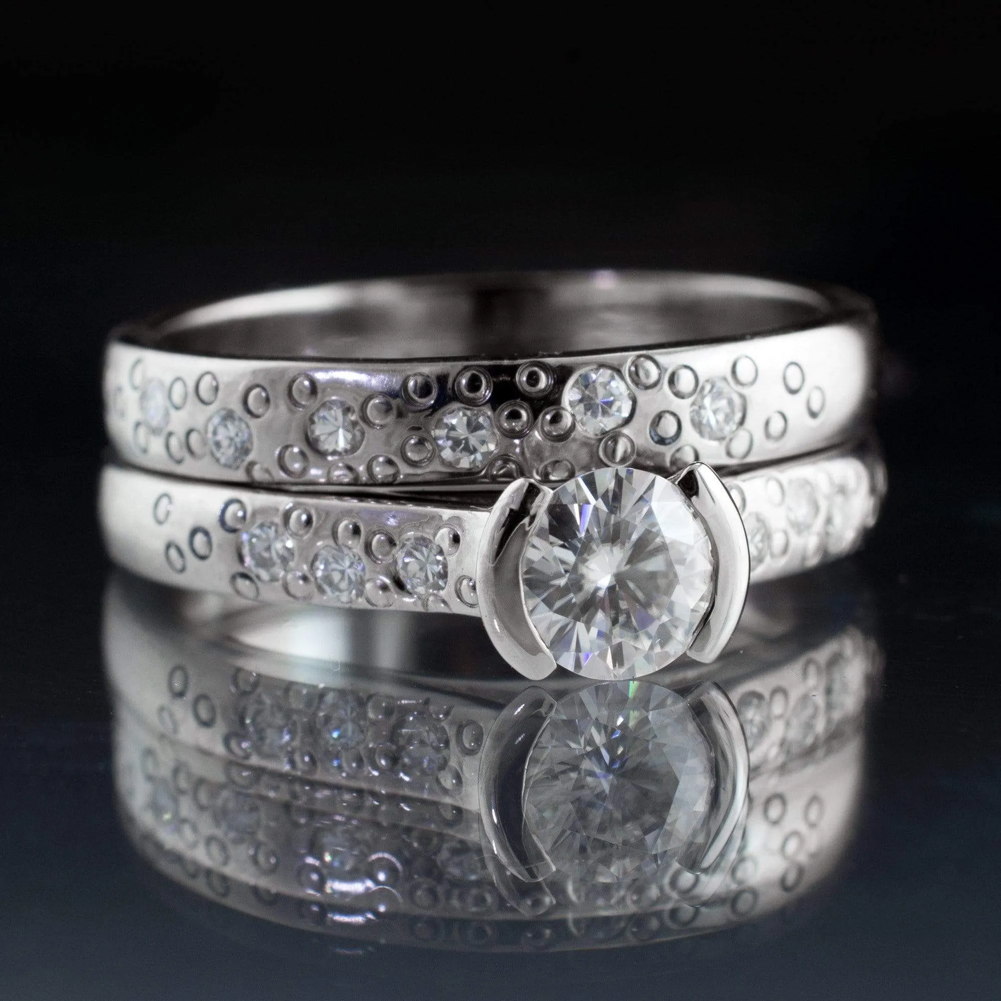 Bridal Set Round Moissanite Half Bezel Star Dust Engagement Ring and Wedding Band