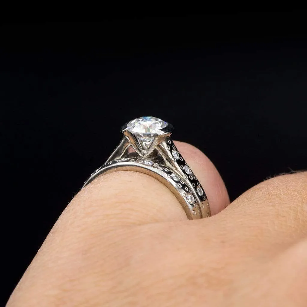 Bridal Set Round Moissanite Half Bezel Star Dust Engagement Ring and Wedding Band