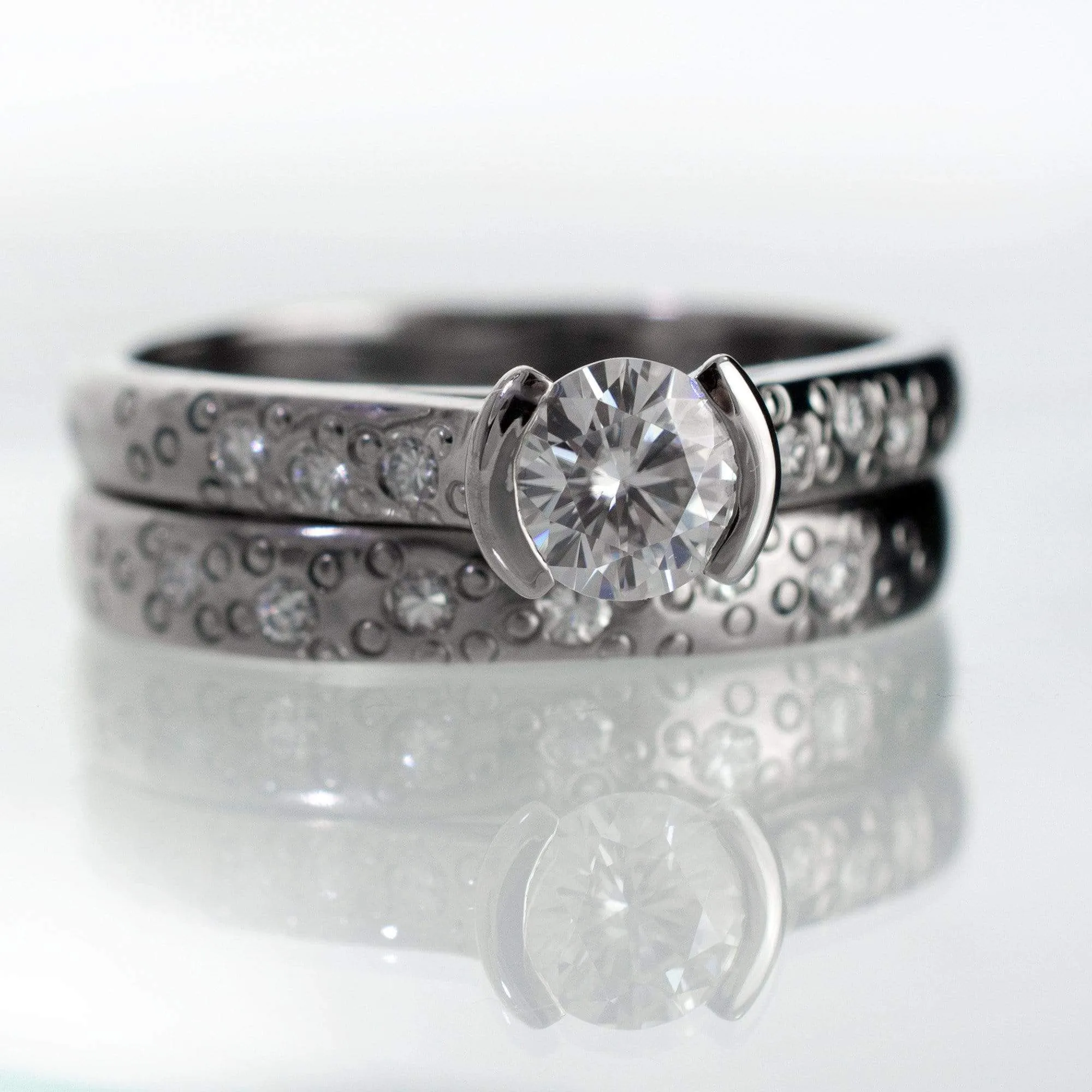 Bridal Set Round Moissanite Half Bezel Star Dust Engagement Ring and Wedding Band