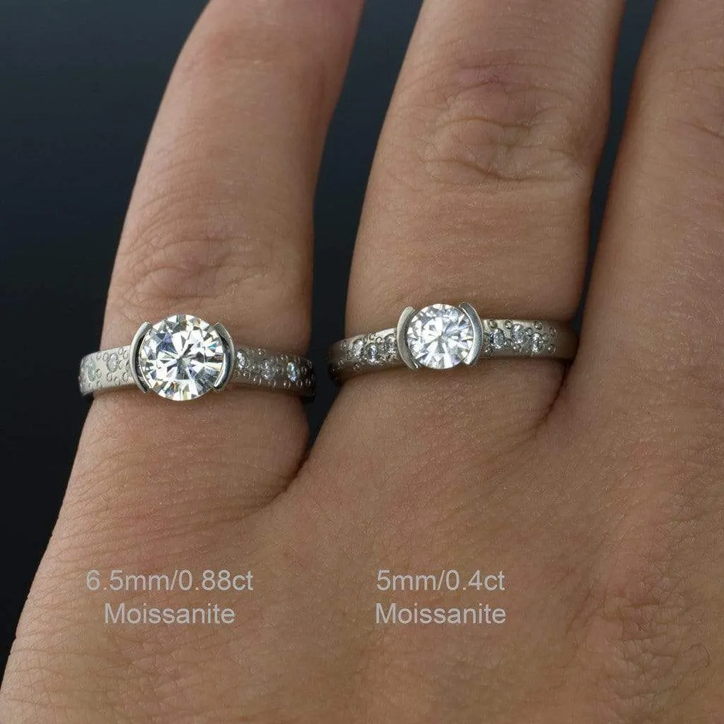 Bridal Set Round Moissanite Half Bezel Star Dust Engagement Ring and Wedding Band