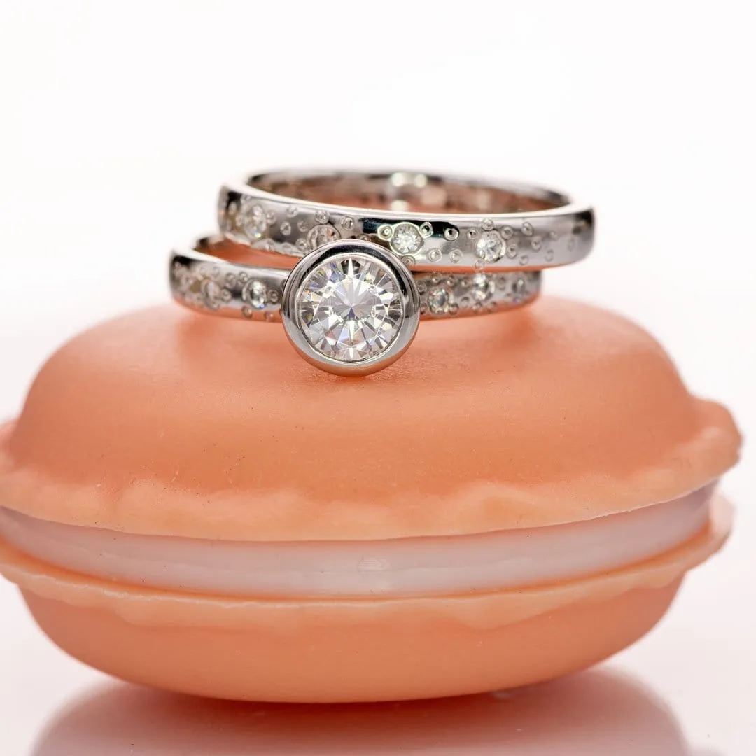 Moissanite Round Full Bezel Set Star Dust Engagement Ring