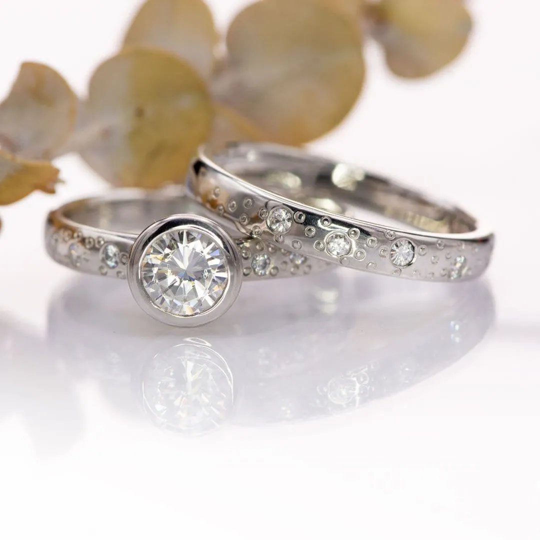 Moissanite Round Full Bezel Set Star Dust Engagement Ring