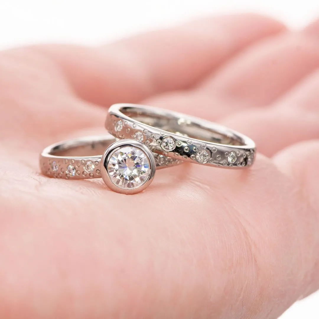 Moissanite Round Full Bezel Set Star Dust Engagement Ring