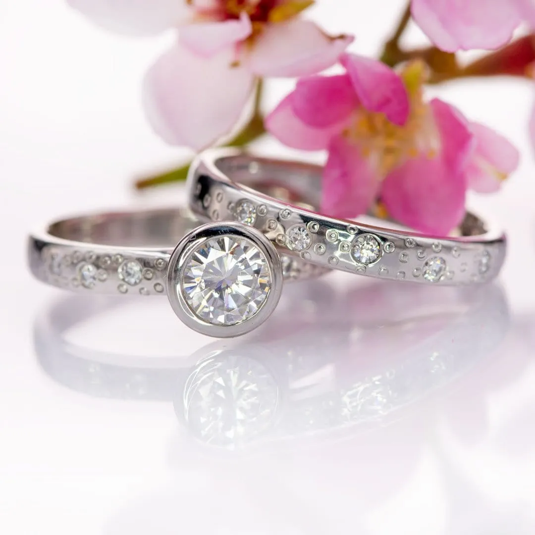Moissanite Round Full Bezel Set Star Dust Engagement Ring