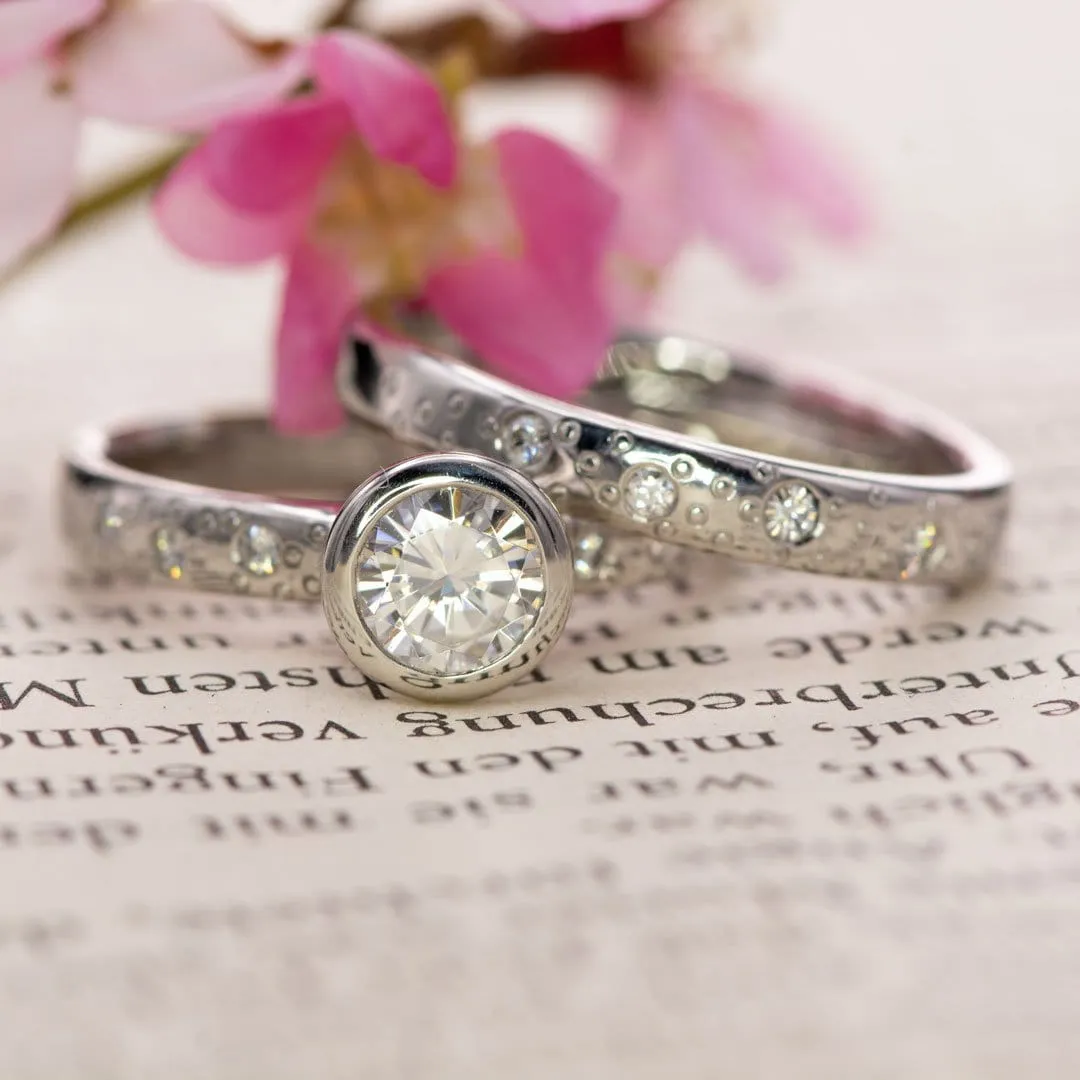 Moissanite Round Full Bezel Set Star Dust Engagement Ring