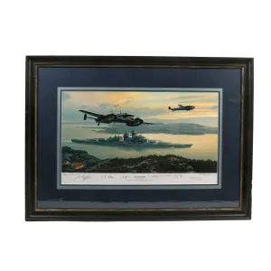 Original Artist's Proof Print: “Bismarck into Battle” Painting Leaving Grimstadfjord in Norway; Signed by Artist, Me110 Pilot, 4 Bismarck Survivors, and 2 RAF Swordfish Pilots - 35 ½" x 25", in Museum Grade Frame
