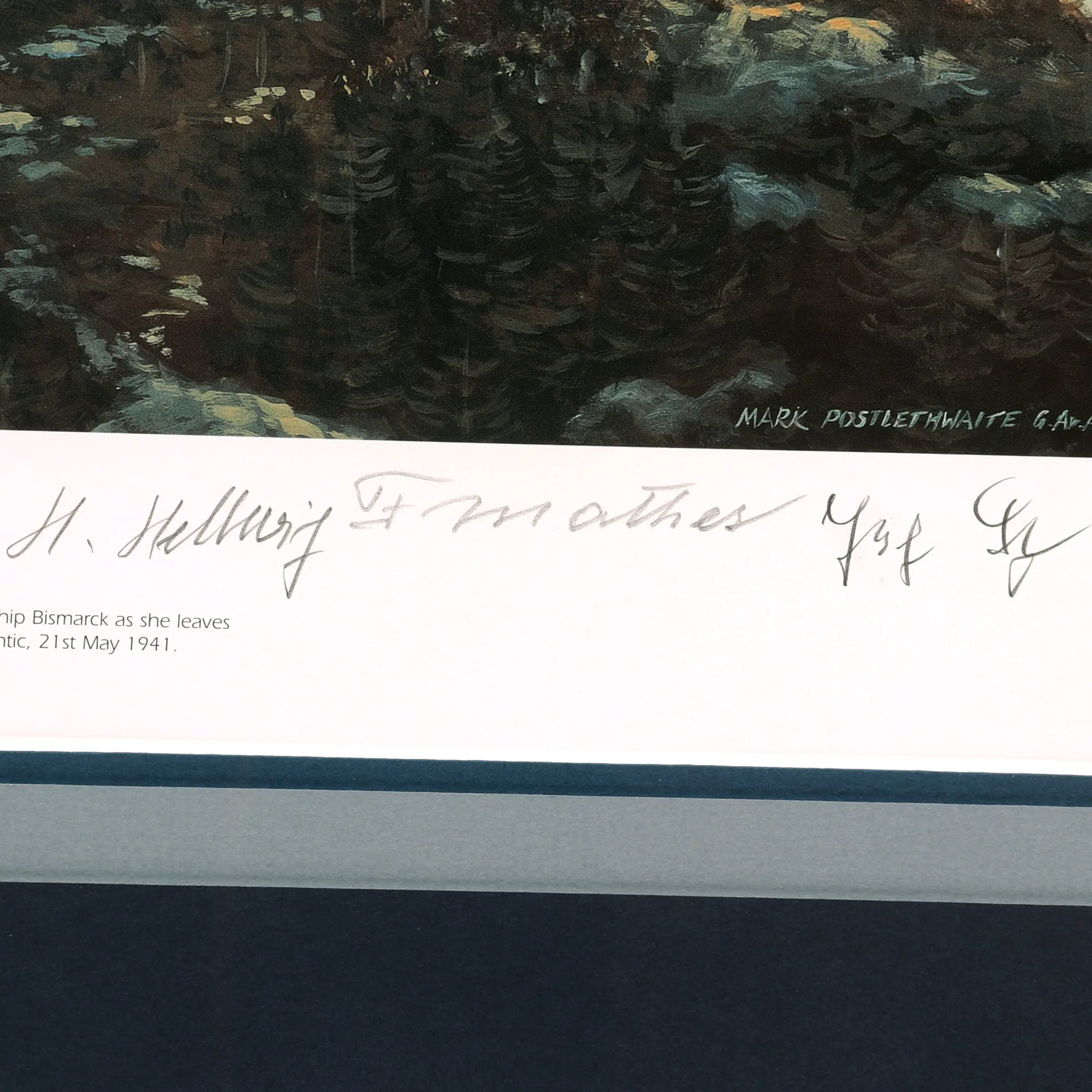 Original Artist's Proof Print: “Bismarck into Battle” Painting Leaving Grimstadfjord in Norway; Signed by Artist, Me110 Pilot, 4 Bismarck Survivors, and 2 RAF Swordfish Pilots - 35 ½" x 25", in Museum Grade Frame