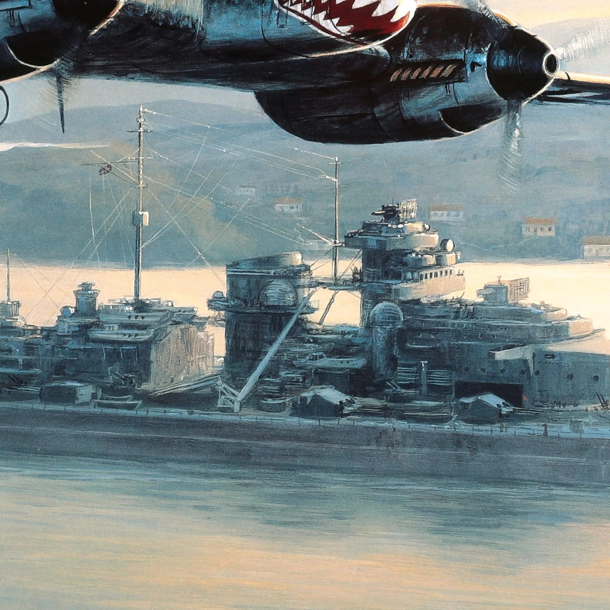 Original Artist's Proof Print: “Bismarck into Battle” Painting Leaving Grimstadfjord in Norway; Signed by Artist, Me110 Pilot, 4 Bismarck Survivors, and 2 RAF Swordfish Pilots - 35 ½" x 25", in Museum Grade Frame