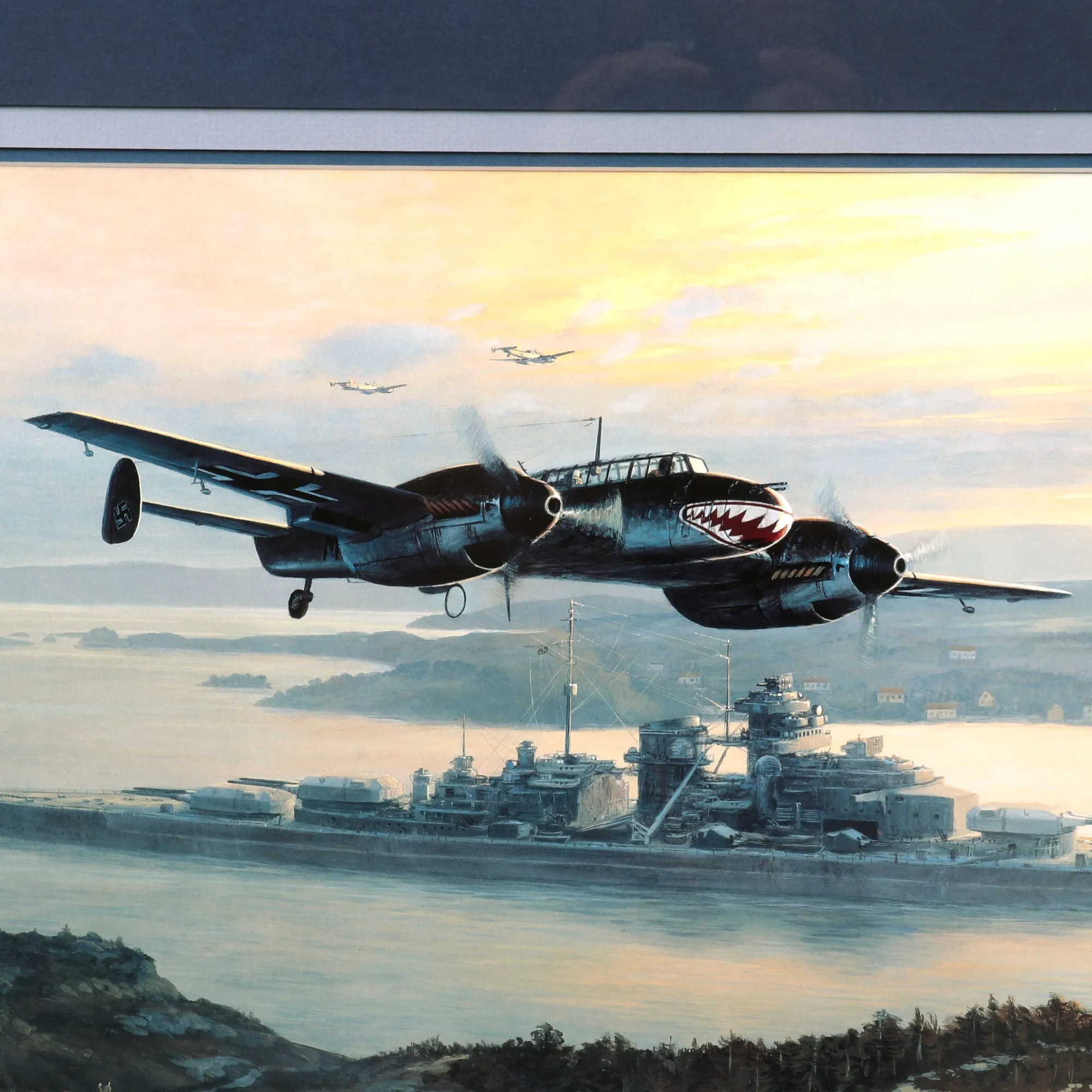 Original Artist's Proof Print: “Bismarck into Battle” Painting Leaving Grimstadfjord in Norway; Signed by Artist, Me110 Pilot, 4 Bismarck Survivors, and 2 RAF Swordfish Pilots - 35 ½" x 25", in Museum Grade Frame