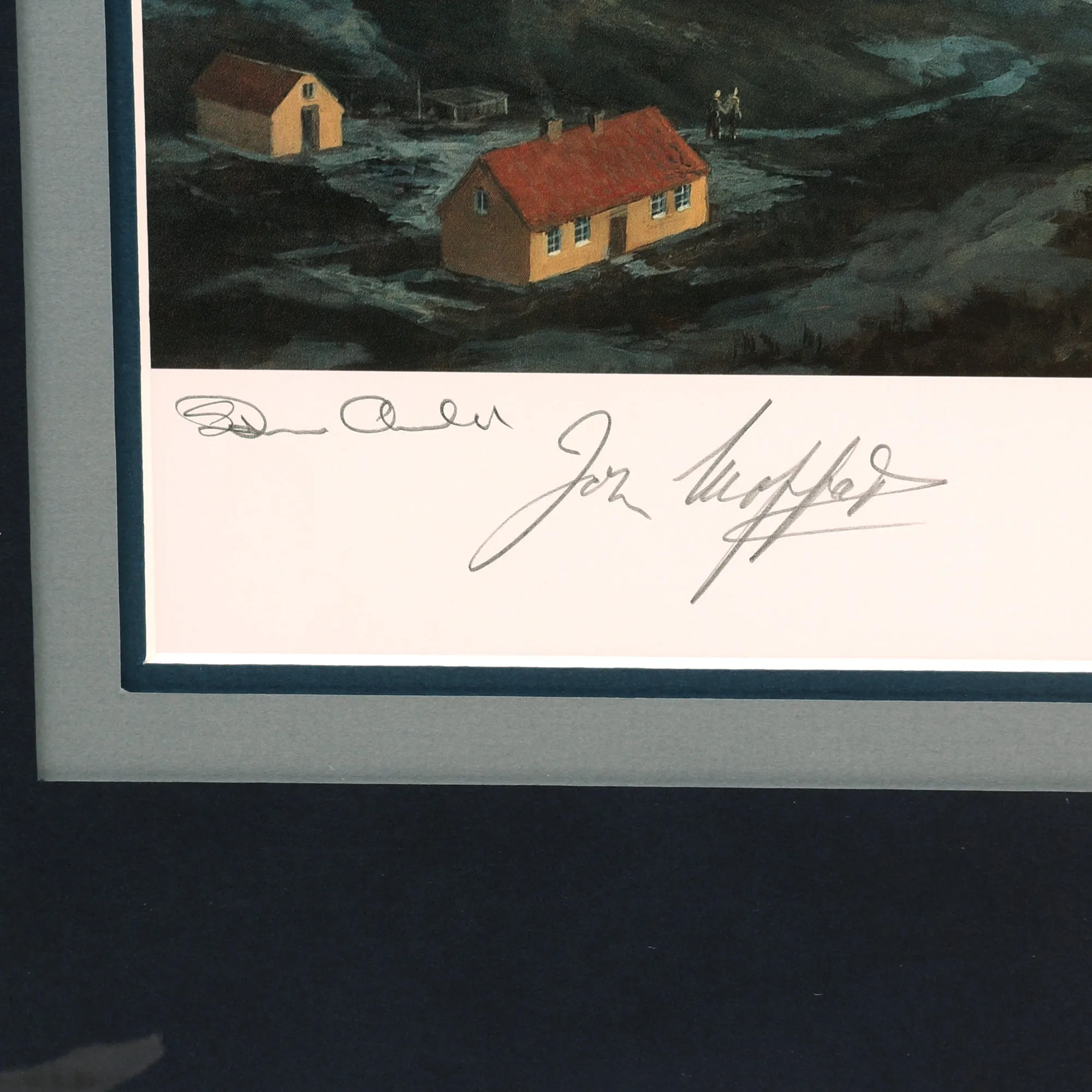 Original Artist's Proof Print: “Bismarck into Battle” Painting Leaving Grimstadfjord in Norway; Signed by Artist, Me110 Pilot, 4 Bismarck Survivors, and 2 RAF Swordfish Pilots - 35 ½" x 25", in Museum Grade Frame