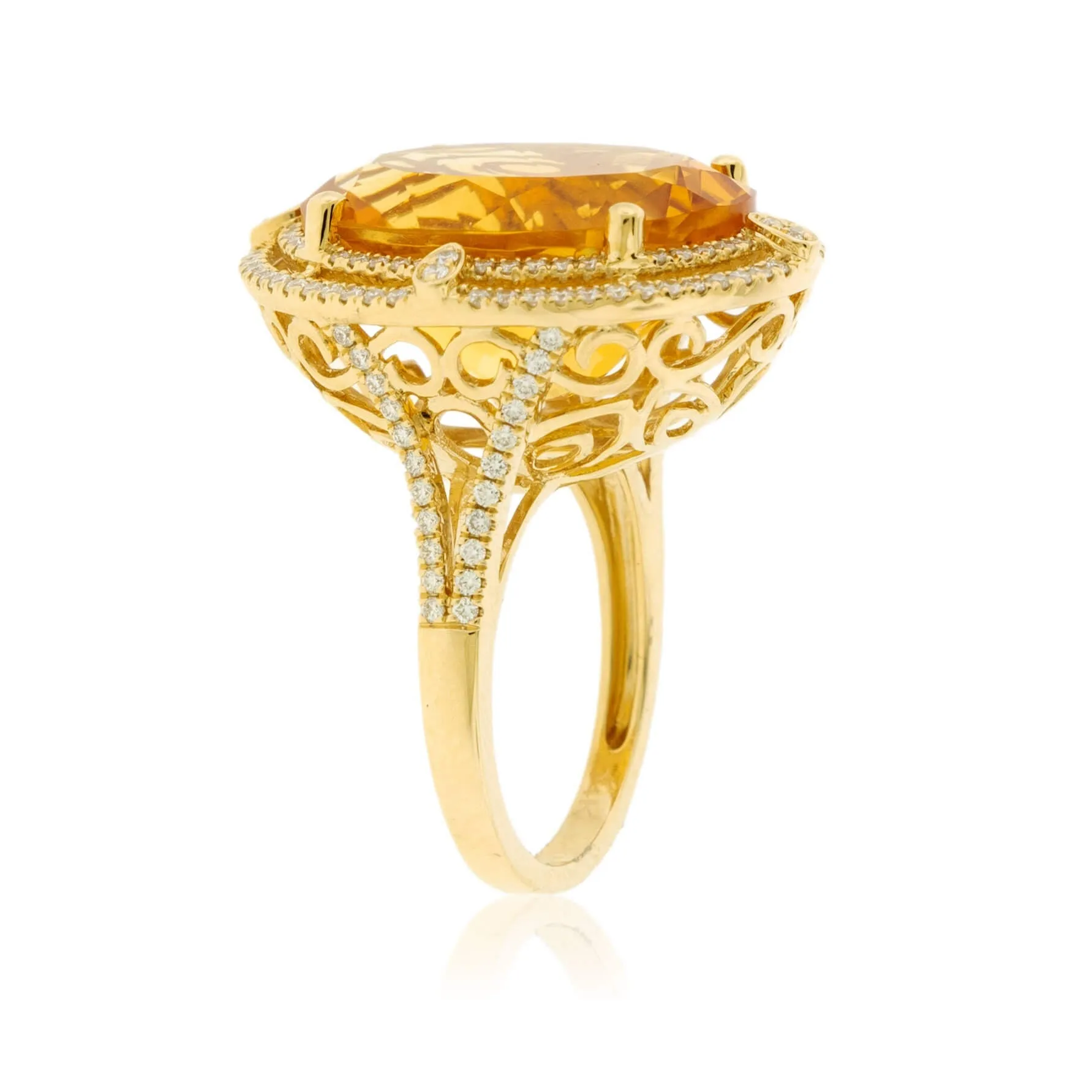 Oval Citrine & Double Diamond Halo Ring in Yellow Gold