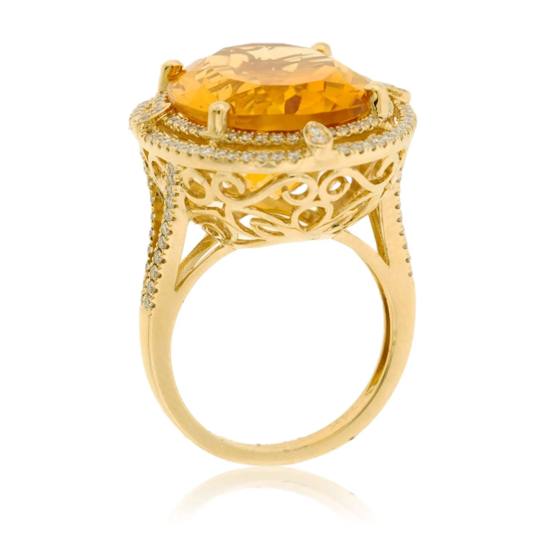 Oval Citrine & Double Diamond Halo Ring in Yellow Gold
