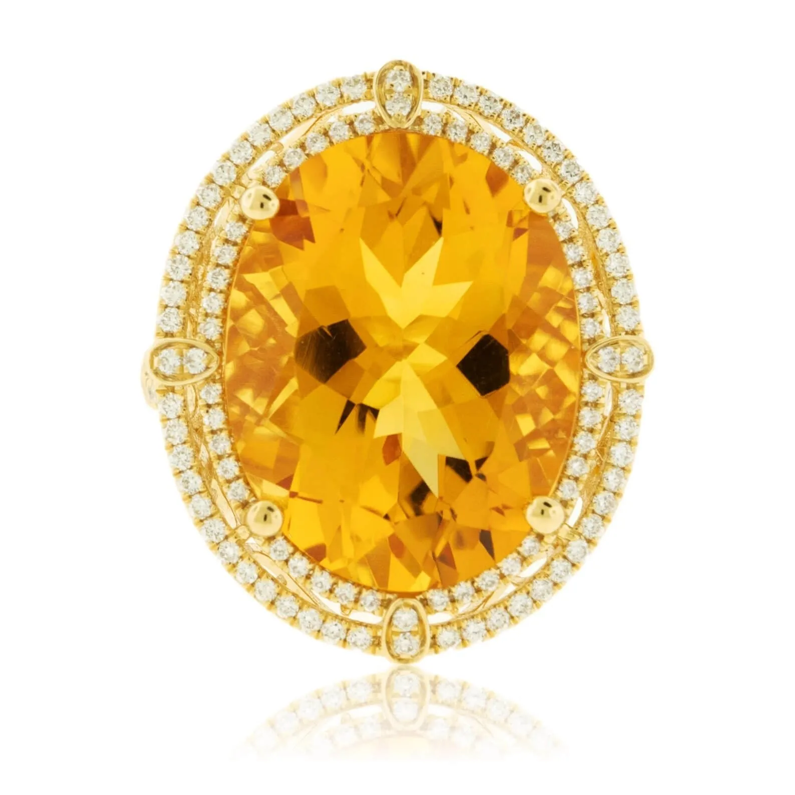 Oval Citrine & Double Diamond Halo Ring in Yellow Gold