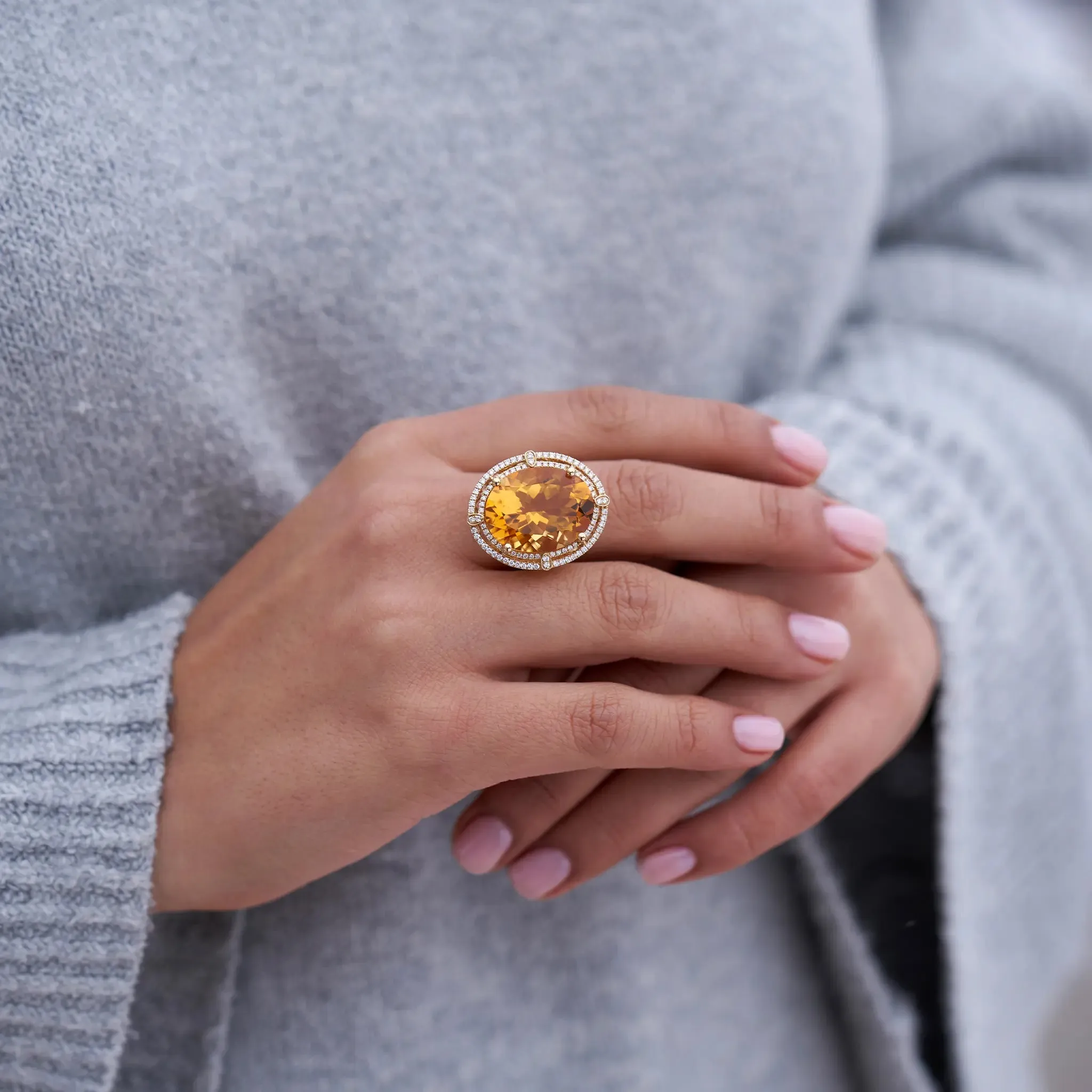 Oval Citrine & Double Diamond Halo Ring in Yellow Gold