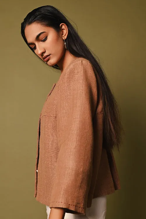 Rangsutra Pink Handwoven Round Neck Woolen Jacket