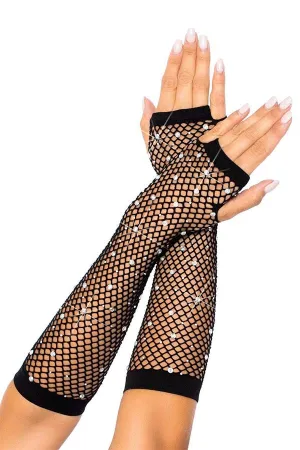 Rhinestone Fishnet Arm Warmers Gloves