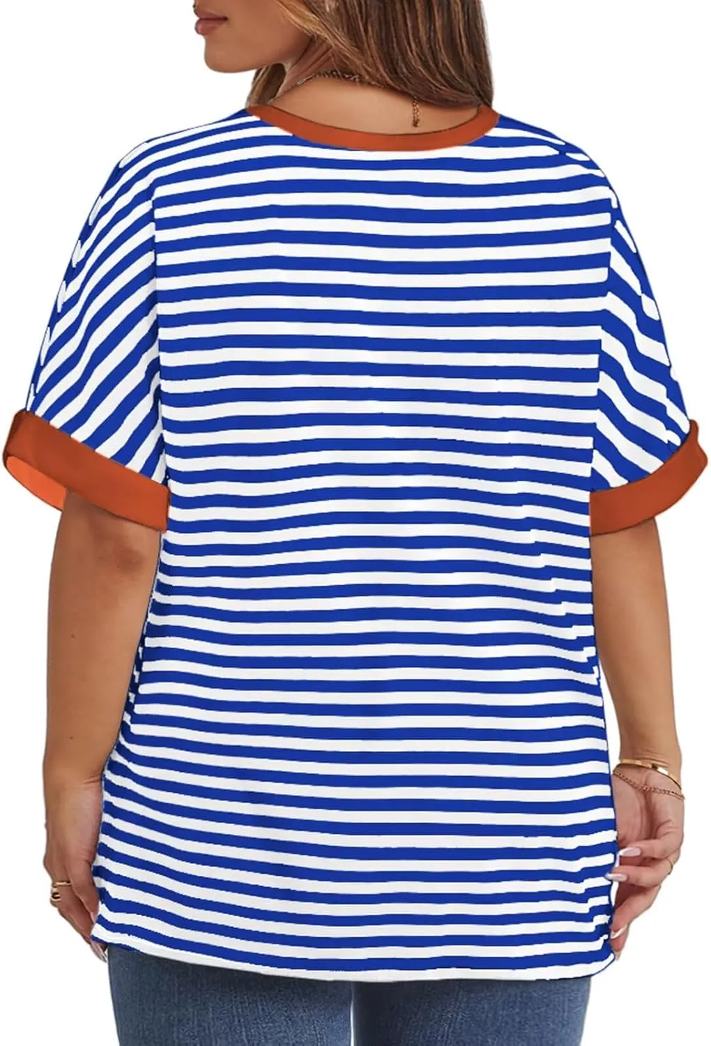 ROSRISS Womens-Plus-Size-Tops Summer Striped Short Sleeve Casual Crewneck Oversized T Shirts Trendy Color Block Basic Tunics