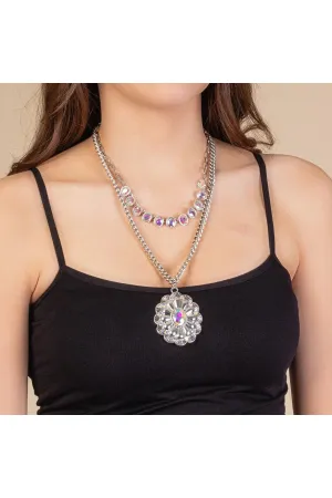 Silver AB Rhinestone Double Layered Necklace With Large Crystal Squash Blossom Necklace