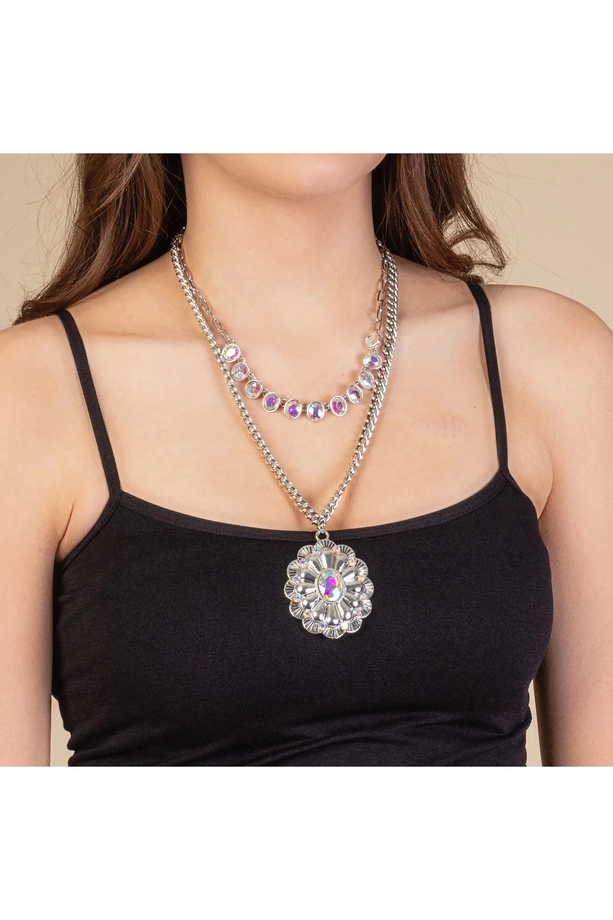 Silver AB Rhinestone Double Layered Necklace With Large Crystal Squash Blossom Necklace